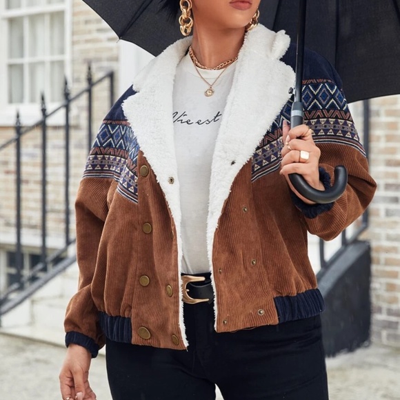 Cozy corduroy Teddy tribal print button jacket - Picture 3 of 5